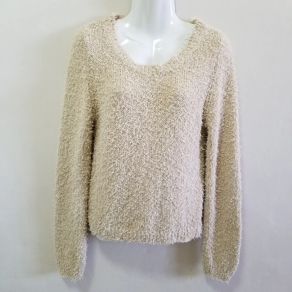 Alexis Womens Sweater Cropped Beige Cream Textured Tab Hue Side Slit Scoop M